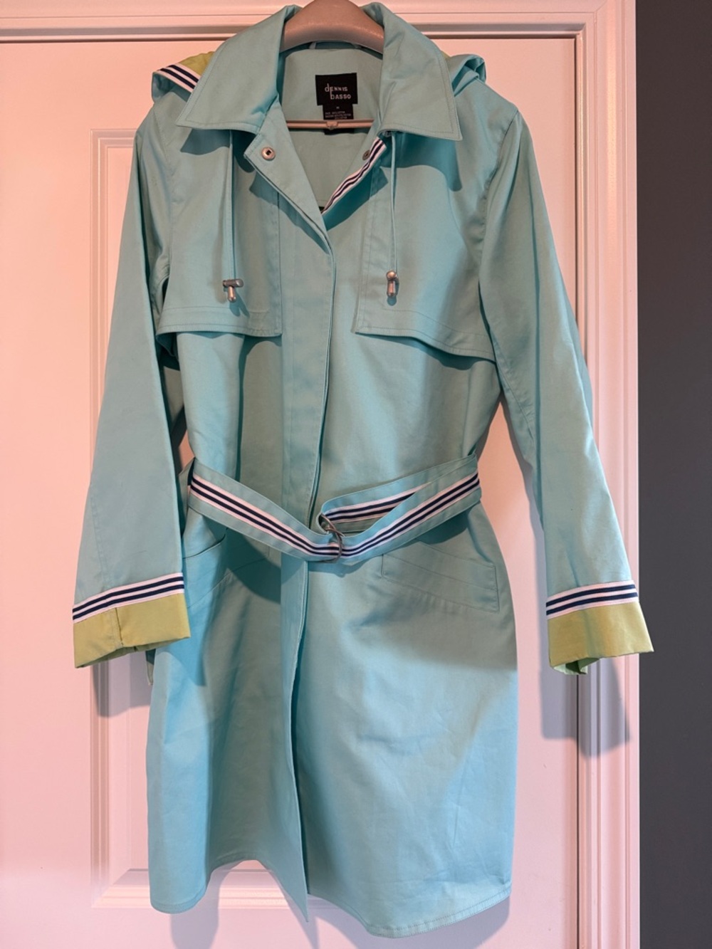 dennis basso Aqua Trench Coat with Lime Trim